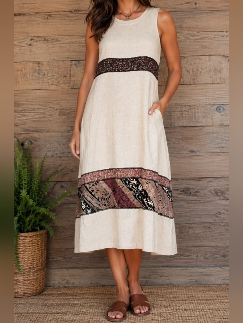 Vintage 90s Desert Boho Linen Blend Tunic Midi dress Vacation Earthy Artisan